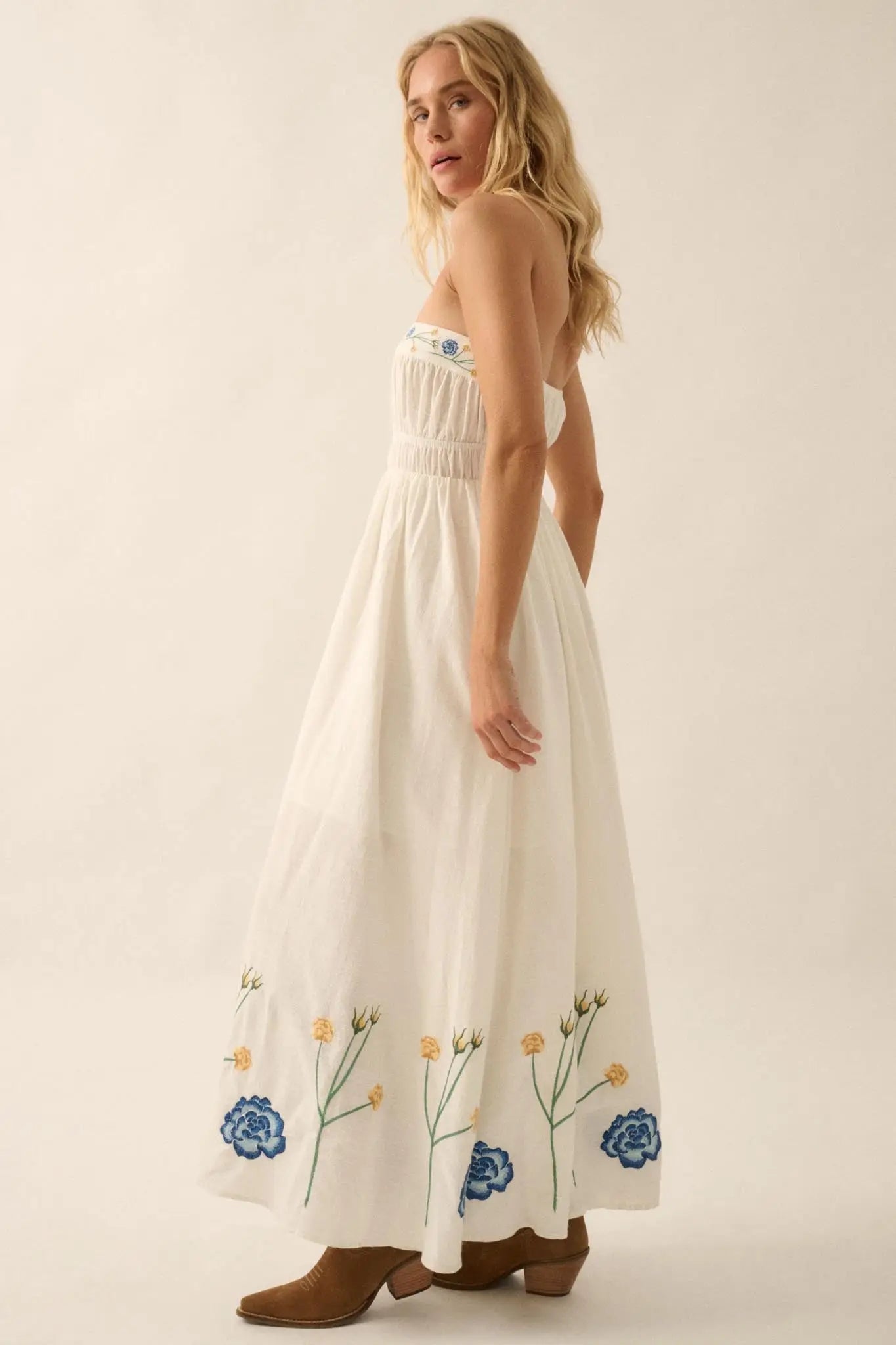 Stitched Stems Embroidered Strapless Maxi Dress