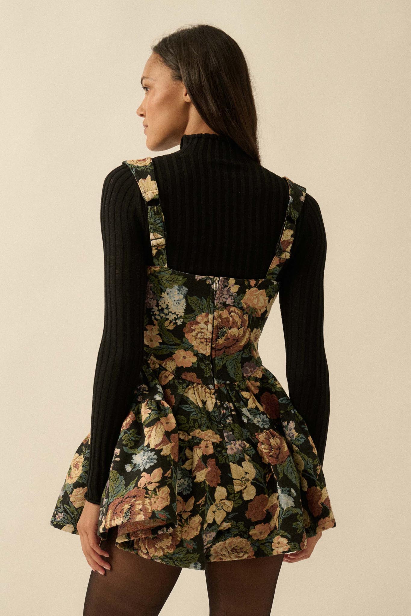 Stitched Garden Floral Tapestry Ruffle Romper Dress
