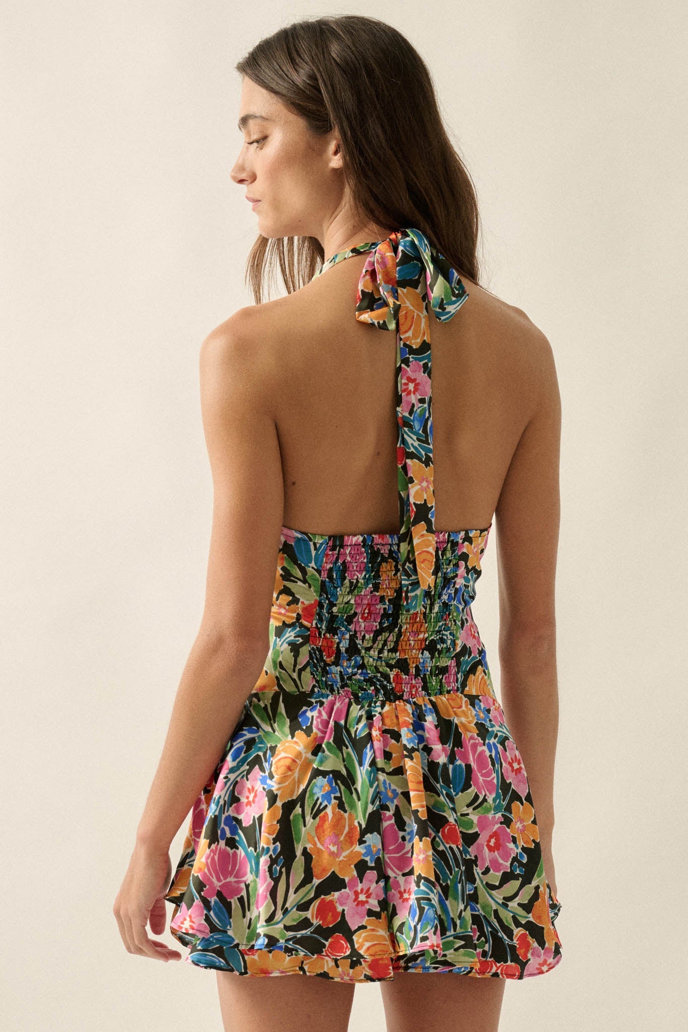Vibrant Blooms Floral Satin V-Neck Halter Romper