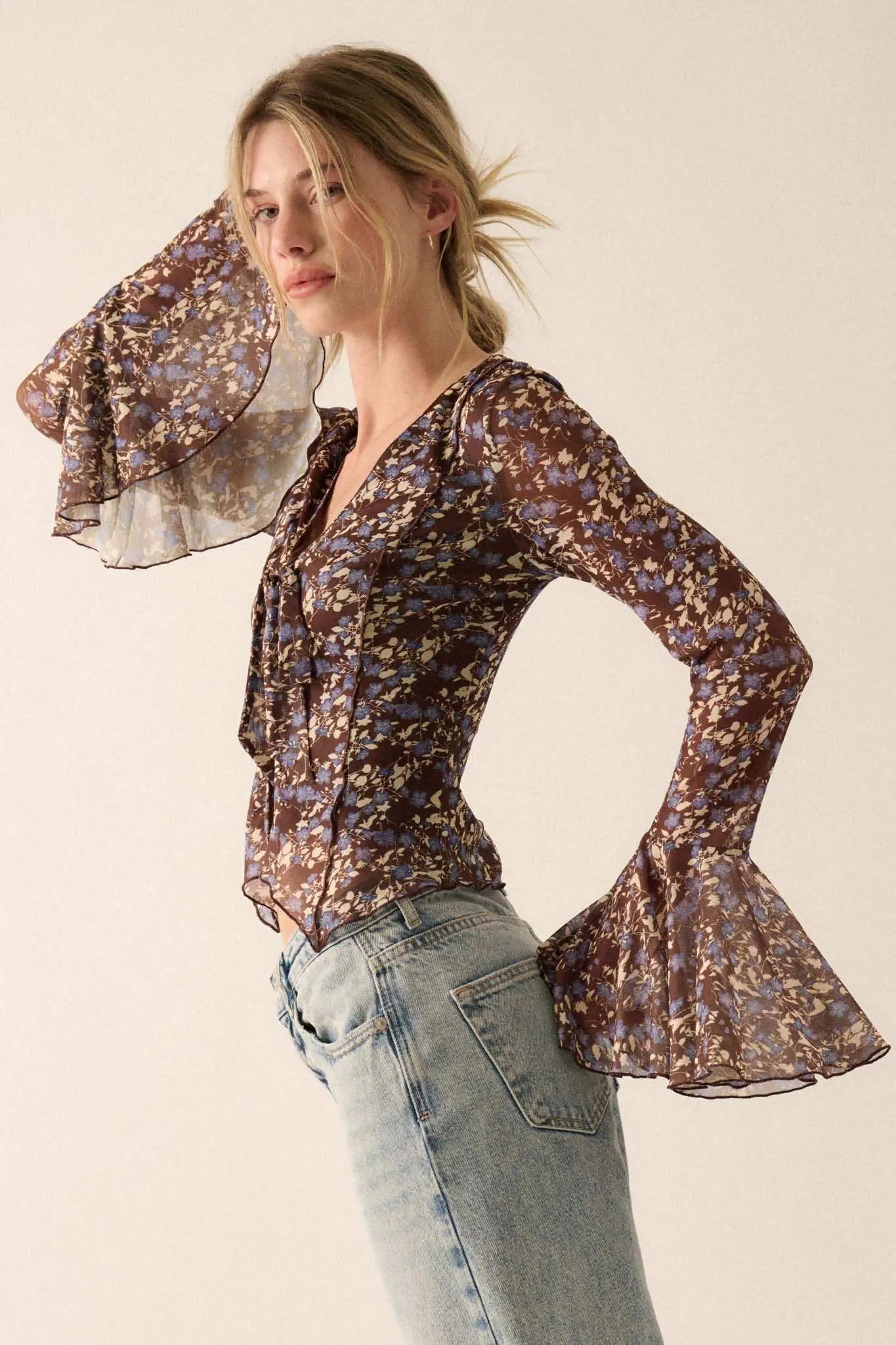 Sweet Violets Floral-Print Mesh Bell-Sleeve Top