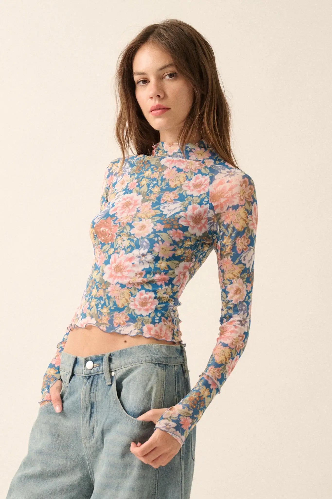 Wild Blooms Floral Mesh Mock-Neck Thumbhole Top