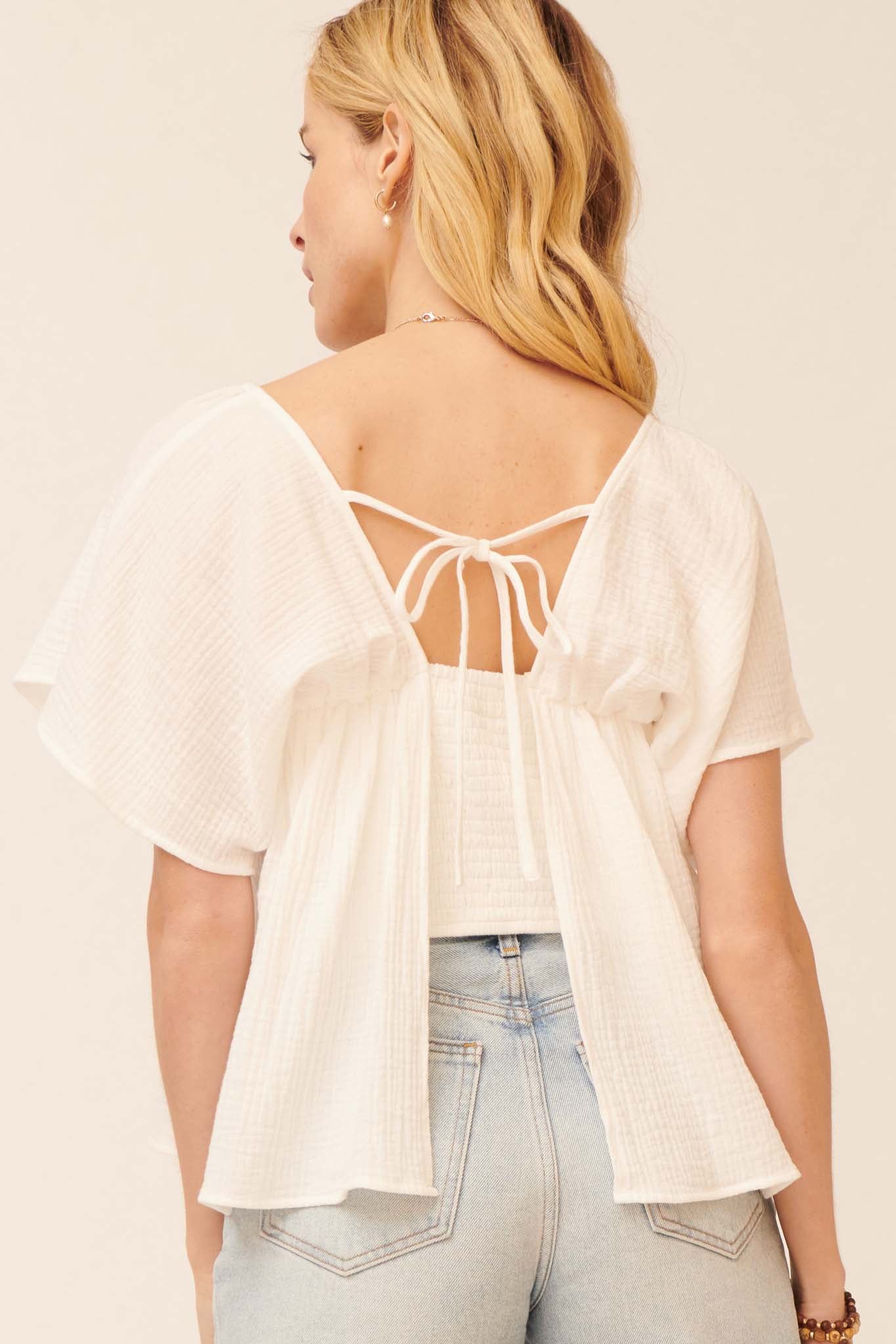 Touch of Love Crinkle Cotton Tie-Back Babydoll Top