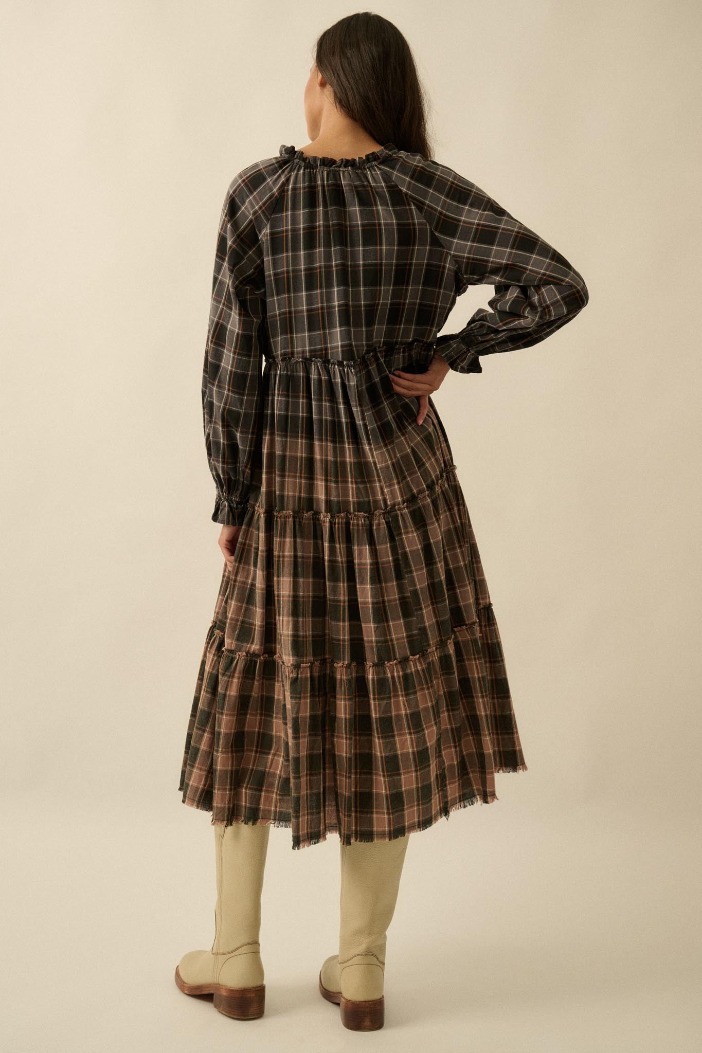 Truly Tartan Tiered Plaid Midi Prairie Dress