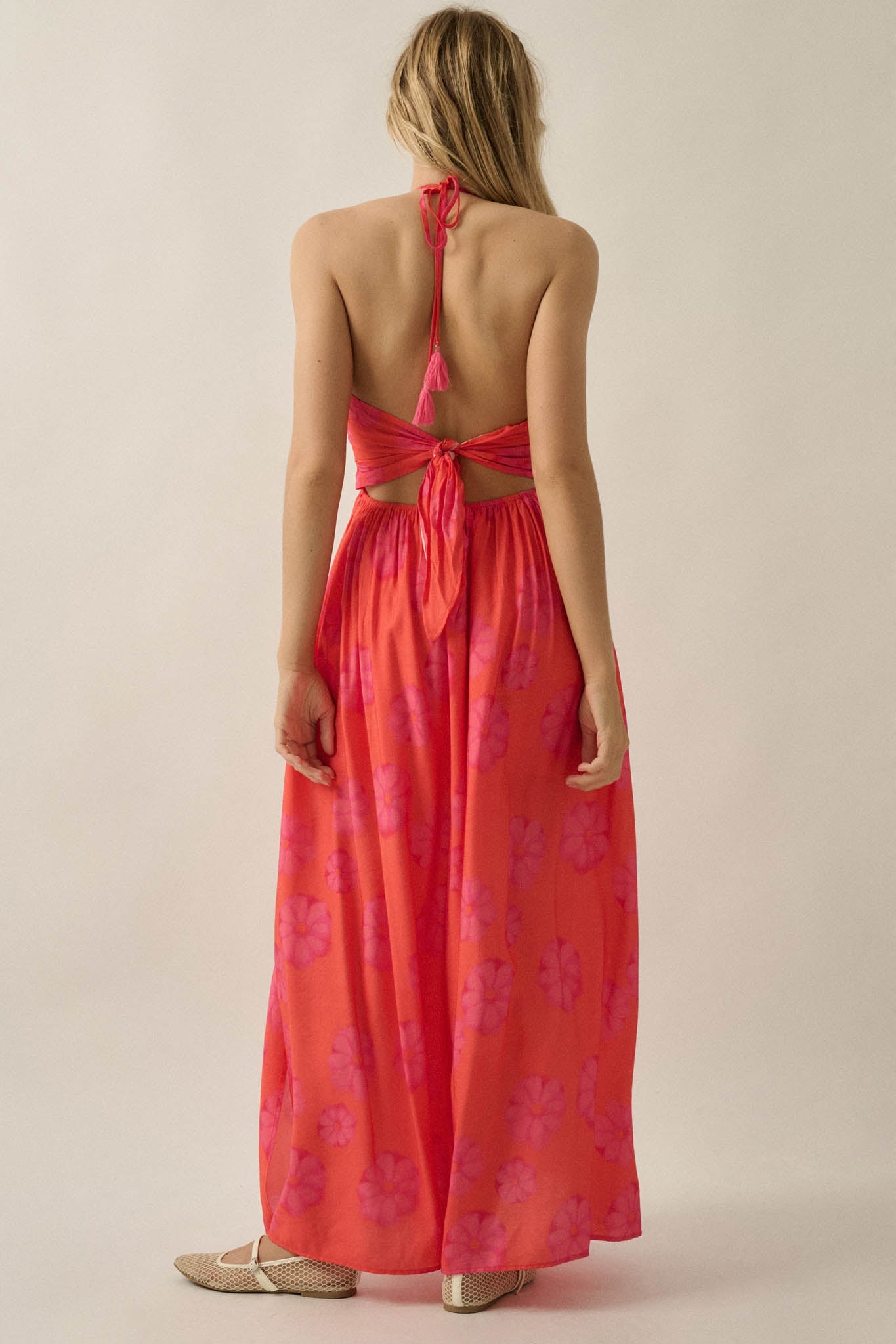 Summer Delight Floral Tie-Back Halter Maxi Dress