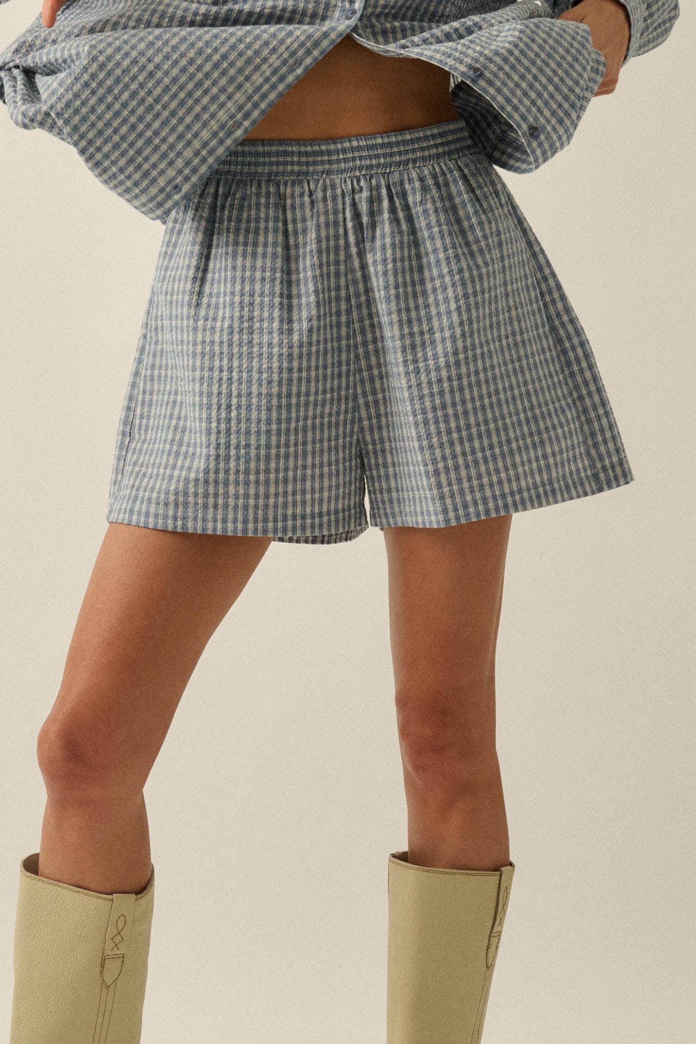 Sunny Sunday Plaid Seersucker Pleated Shorts