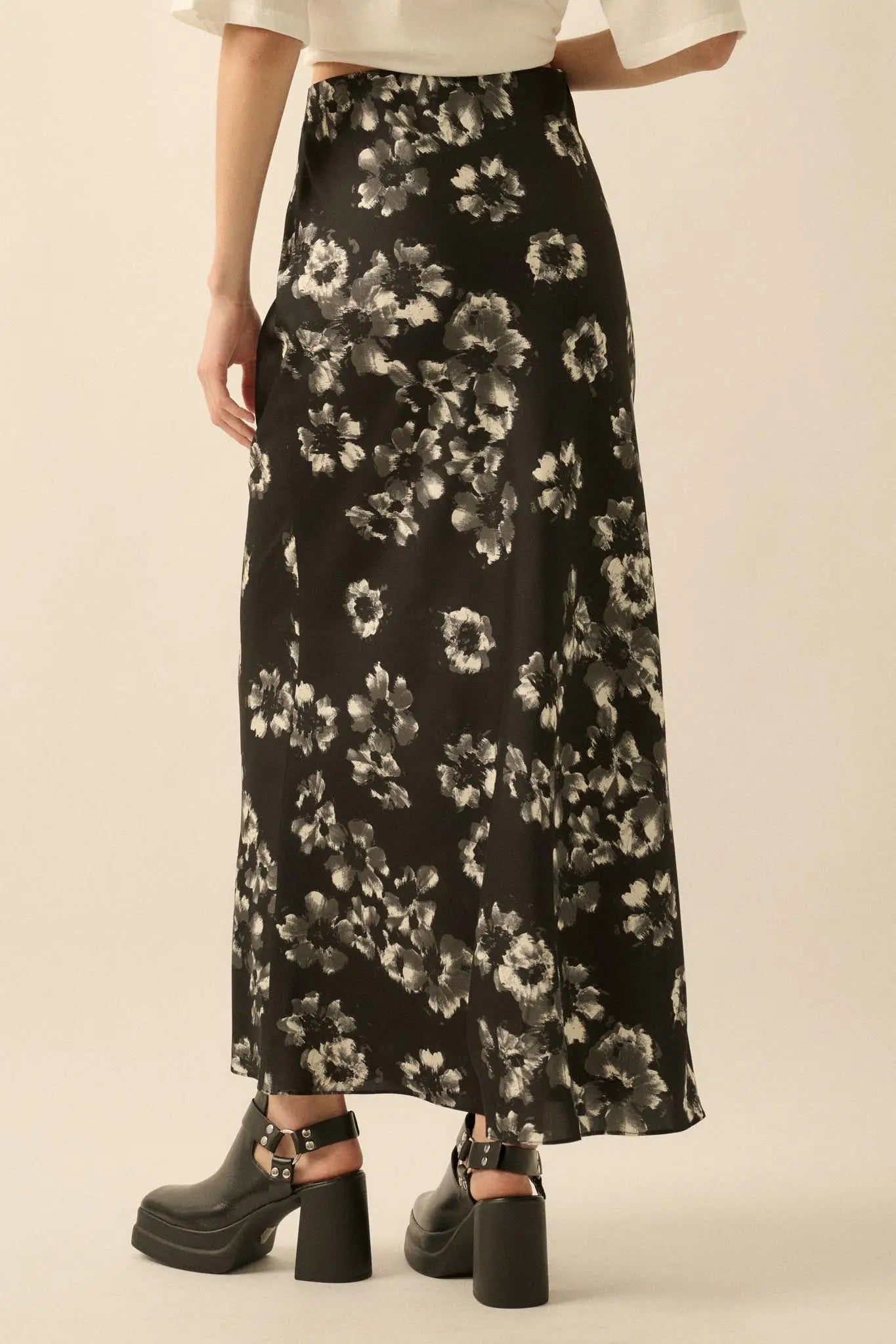 Whispering Petals Bias-Cut Floral Satin Maxi Skirt