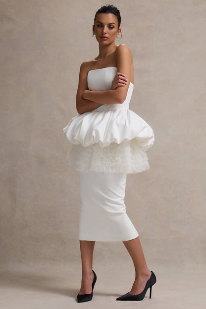 Jones | White Strapless Midi Dress With Tulle Peplum Waist