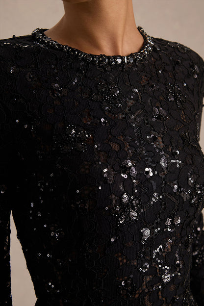 Beau | Black Lace High-Neck Maxi Dress With Draped Detail