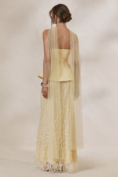 Lorna | Lemon Bandeau Maxi Dress With Scarf
