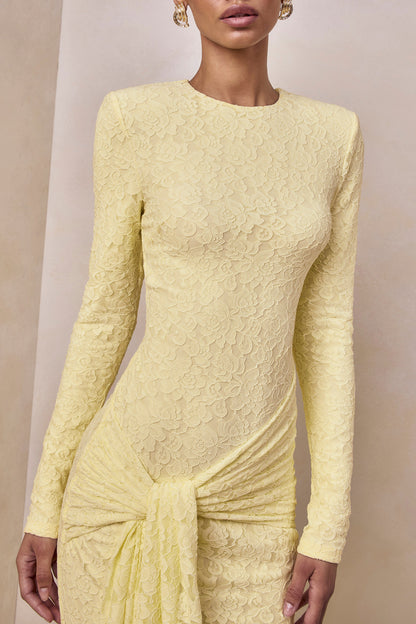 Evangela | Lemon Lace Crew-Neck Maxi Dress With Wrap-Detail