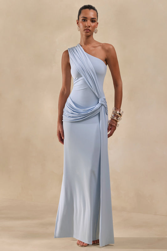 Lunoria | Powder Blue Asymmetric-Neck Maxi Dress With Gathered-Detailing