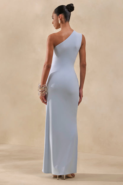 Lunoria | Powder Blue Asymmetric-Neck Maxi Dress With Gathered-Detailing