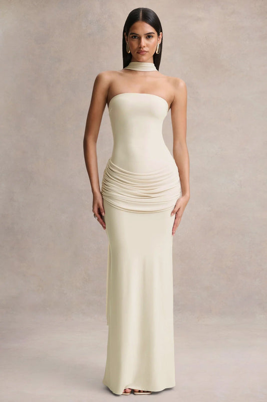 Graciella | Cream Bandeau Maxi Dress With Draped Detailing And Scarf