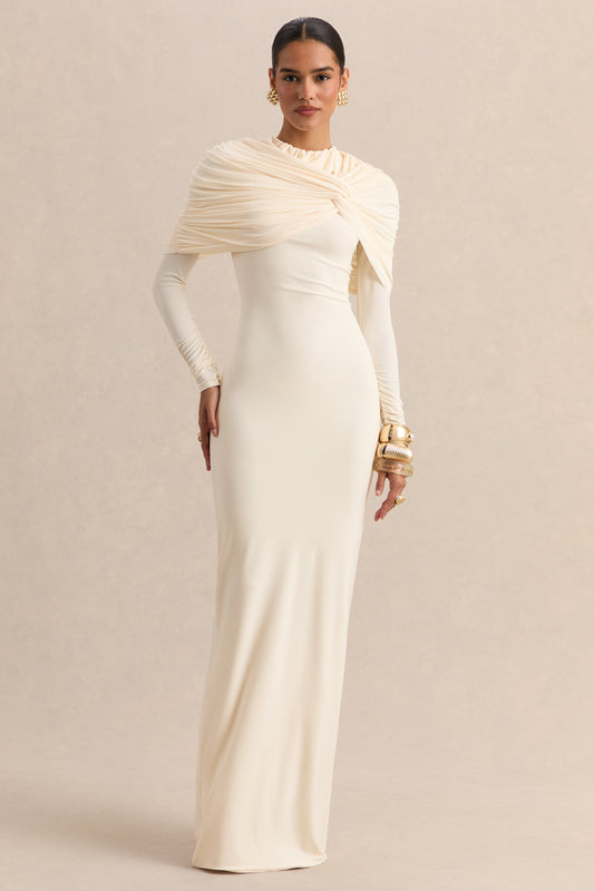 Evessa | Cream Crew-Neck Maxi Dress With Gathered-Detailing