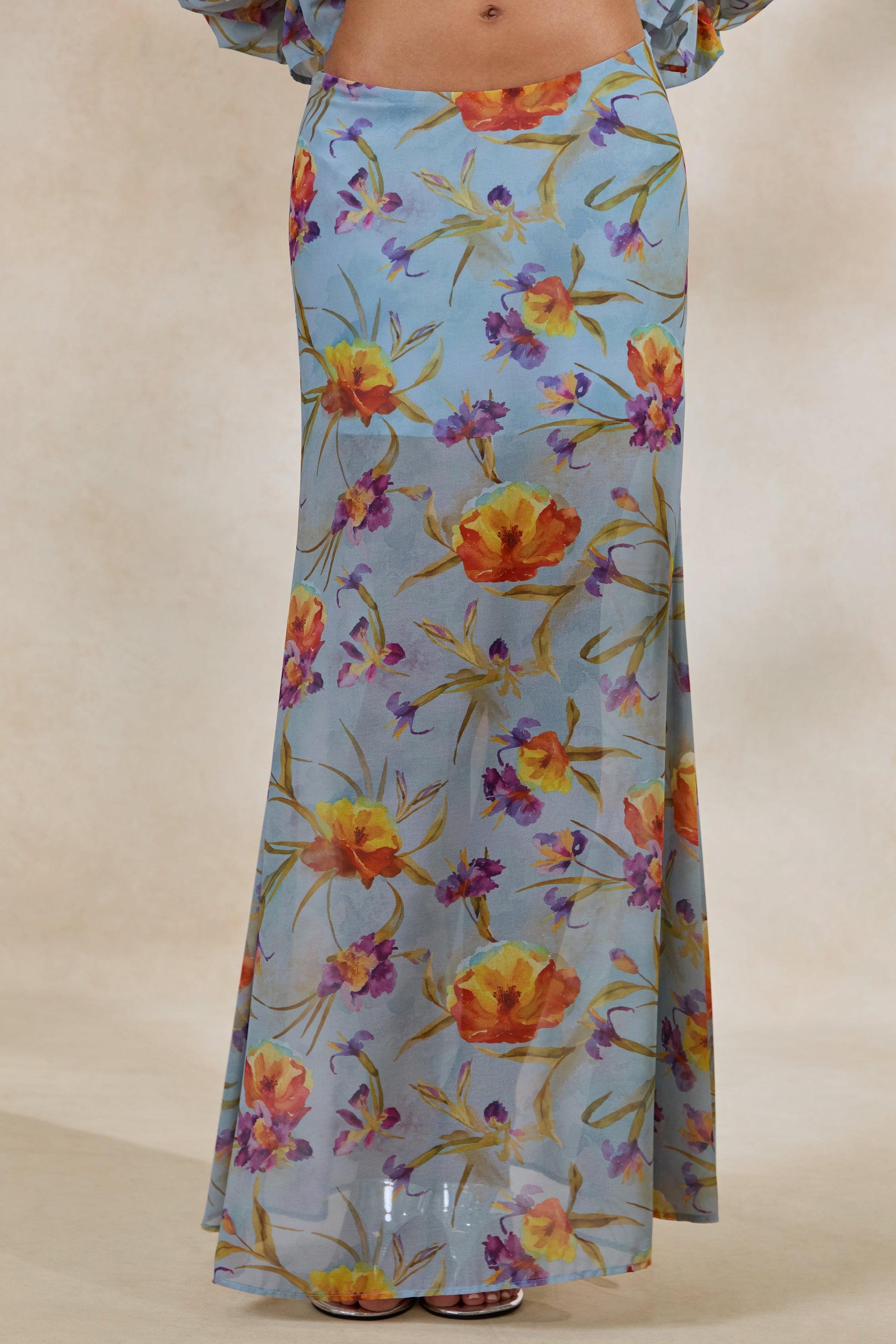 Alveta | Blue Floral Chiffon Sheer Maxi Skirt