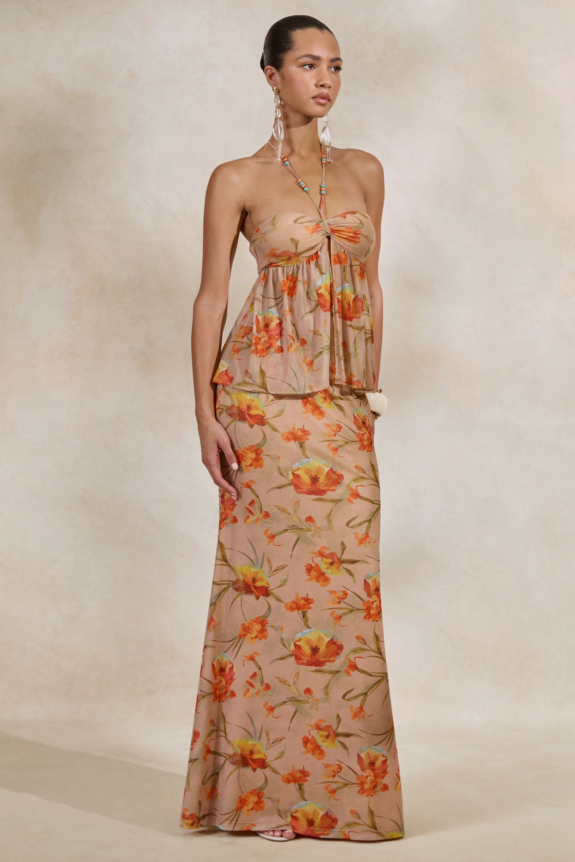 Flaviah | Orange Floral Print Mesh Maxi Skirt