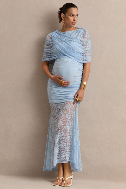 Bronta | Light Blue Lace High-Neck Maternity Maxi Dress With Short Cape And Sheer Skirt