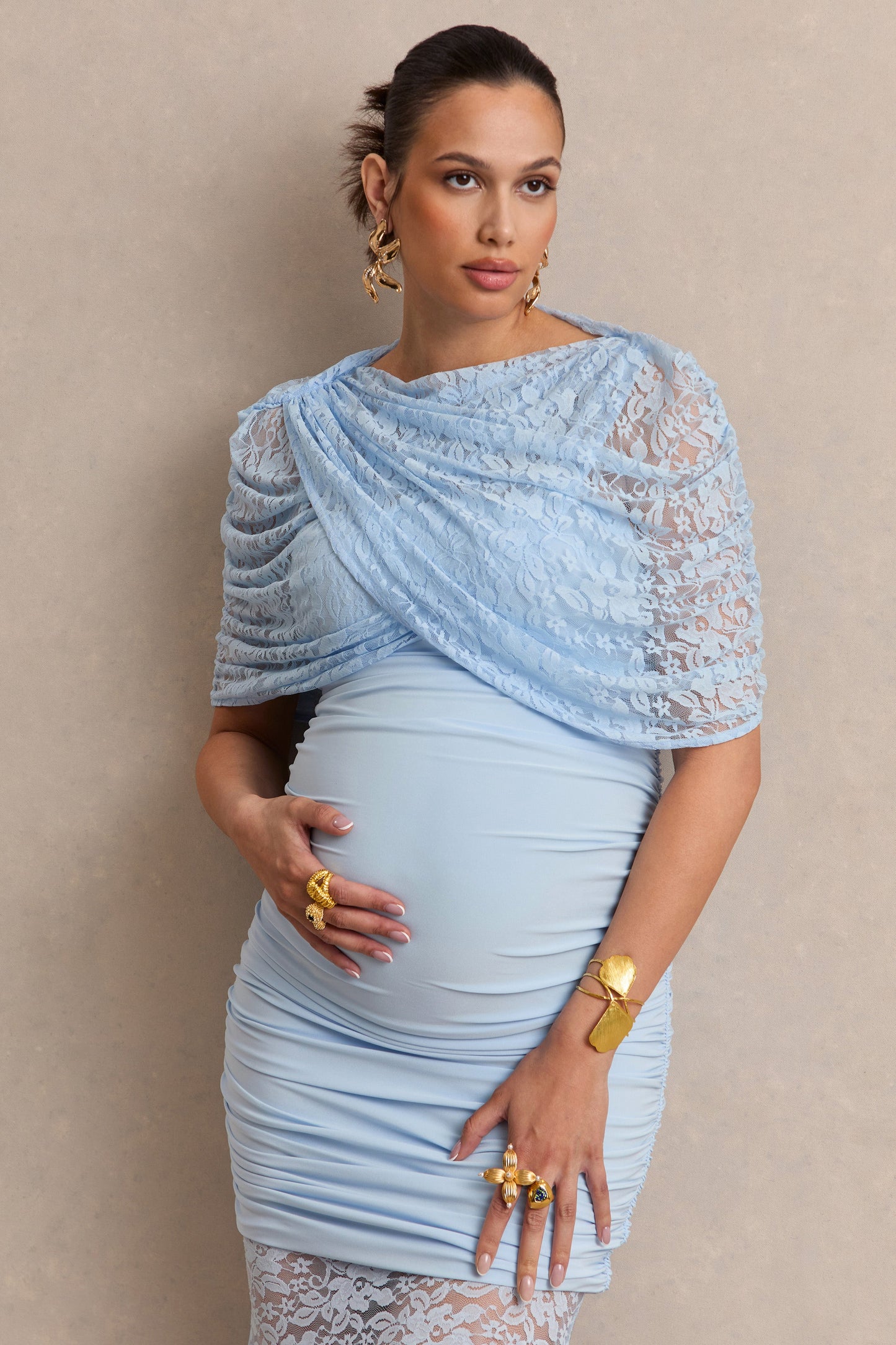 Bronta | Light Blue Lace High-Neck Maternity Maxi Dress With Short Cape And Sheer Skirt
