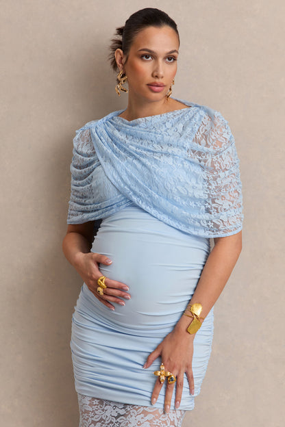 Bronta | Light Blue Lace High-Neck Maternity Maxi Dress With Short Cape And Sheer Skirt