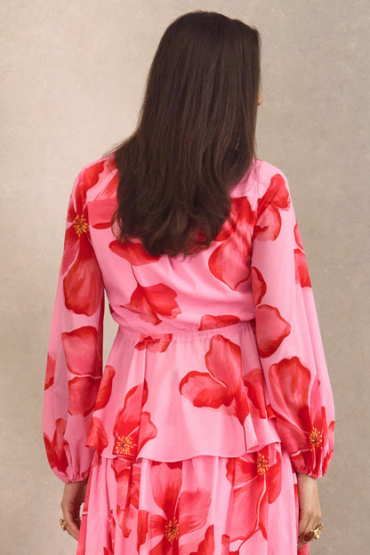 Asella | Pink Chiffon Plunge-Neck Front-Tied Top