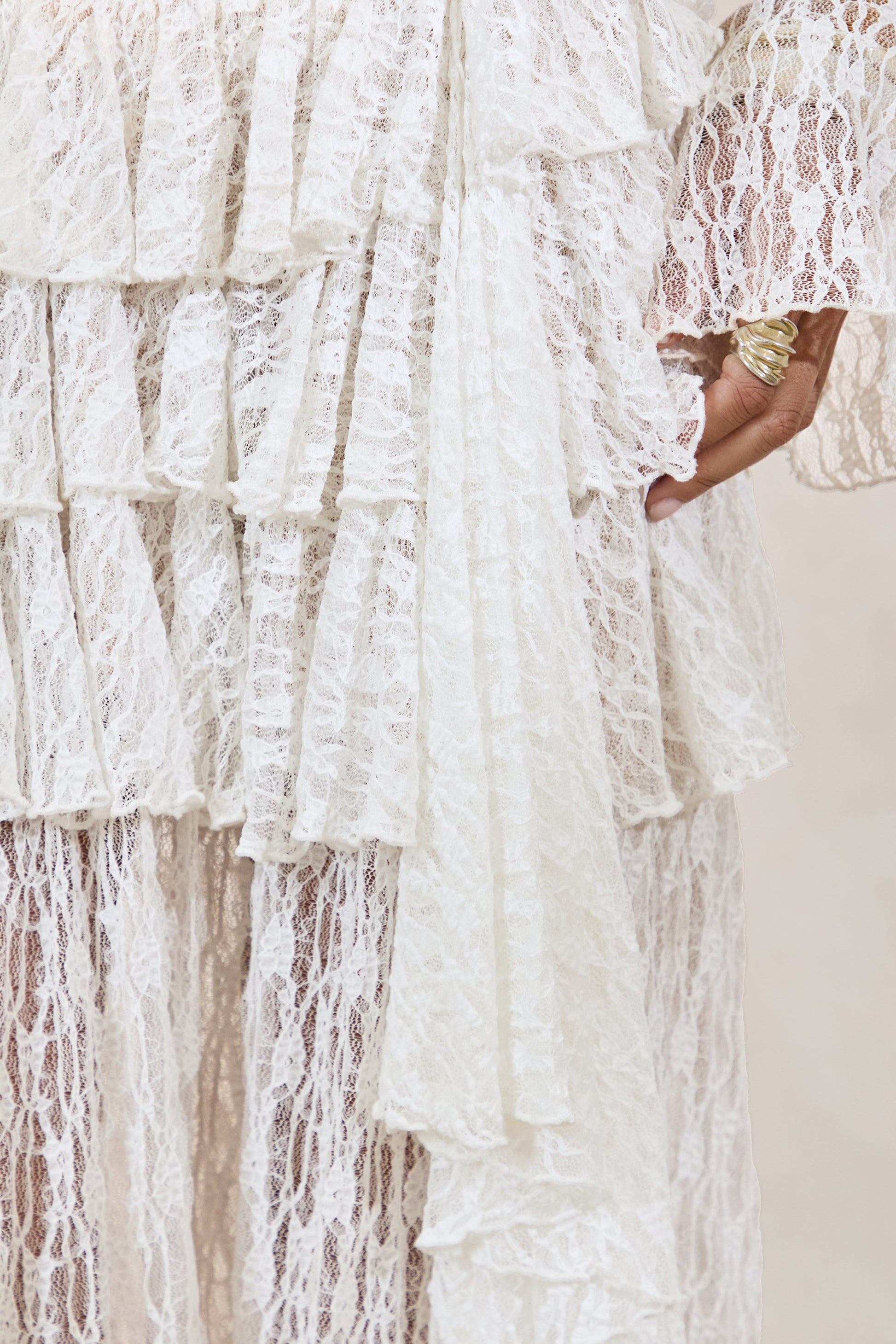 Astella | White Lace Asymmetric-Waist Maxi Skirt With Ruffled Detailing