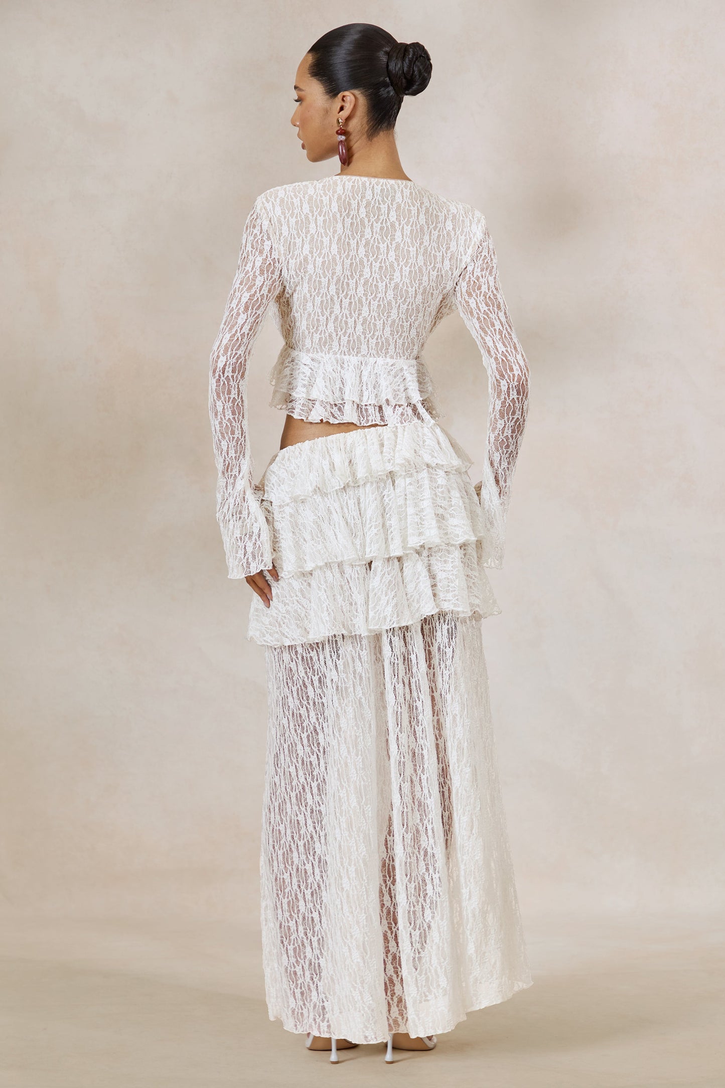Astella | White Lace Asymmetric-Waist Maxi Skirt With Ruffled Detailing