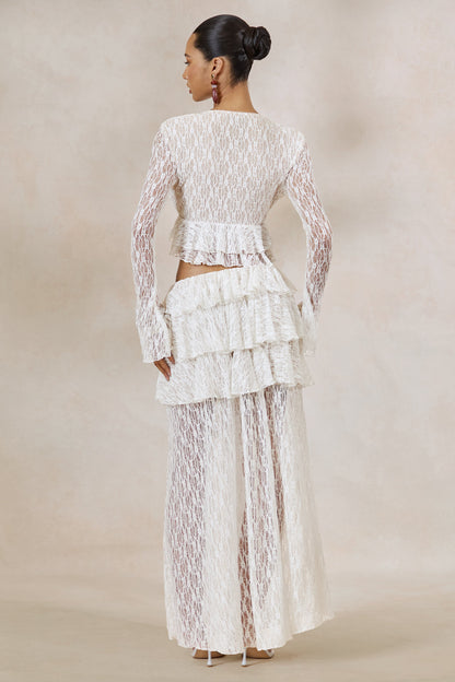 Astella | White Lace Asymmetric-Waist Maxi Skirt With Ruffled Detailing