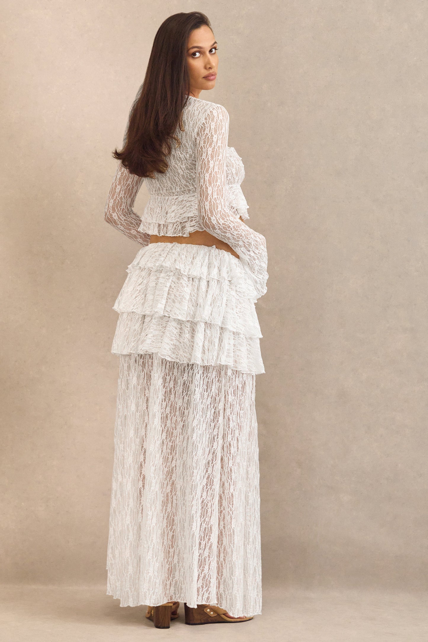 Astella | White Lace Asymmetric-Waist Maxi Skirt With Ruffled Detailing