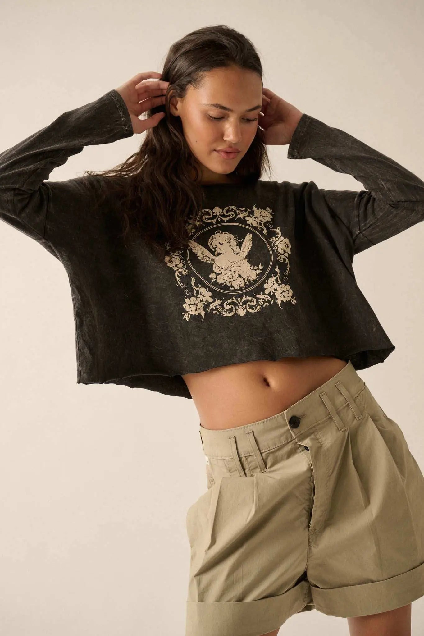 Vintage Angel Cropped Long-Sleeve Graphic Tee