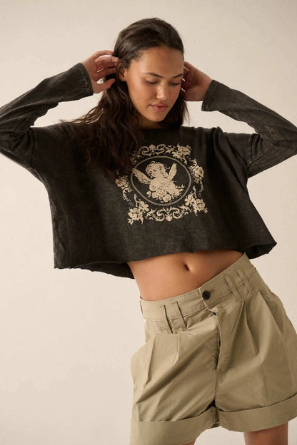 Vintage Angel Cropped Long-Sleeve Graphic Tee