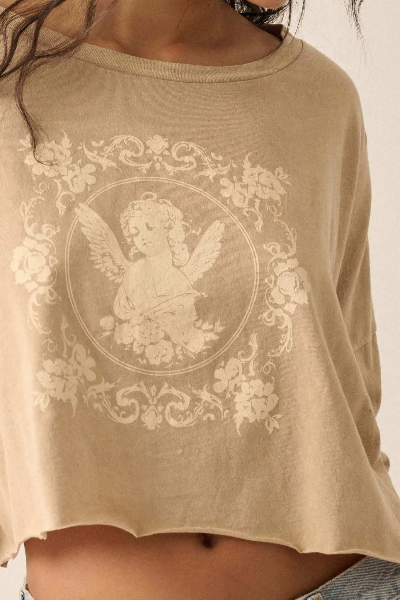 Vintage Angel Cropped Long-Sleeve Graphic Tee