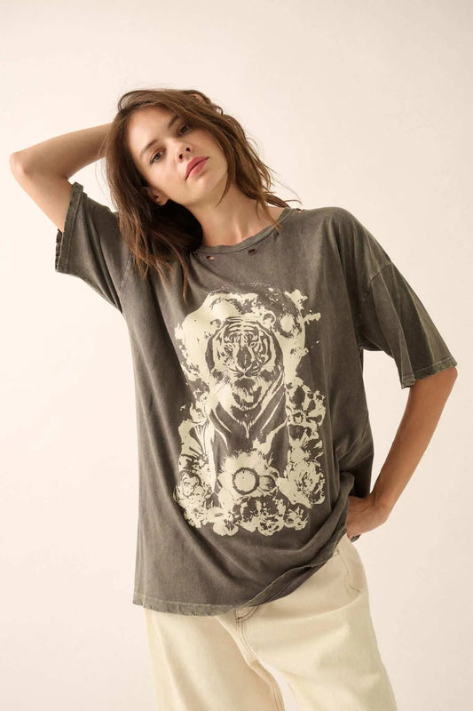 Tiger Moon Oversized Distressed Graphic Tee