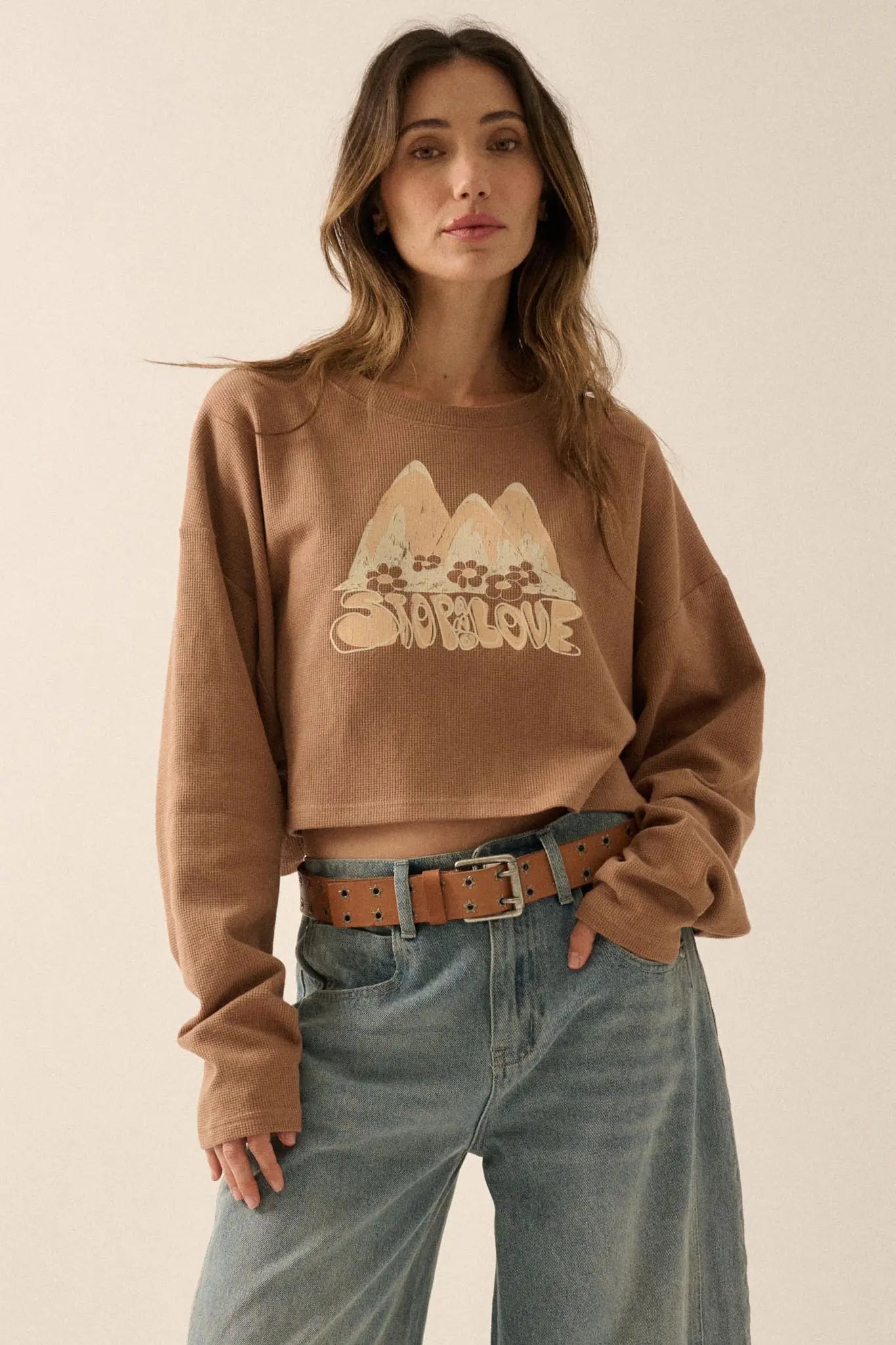 Stop and Love Cropped Thermal Graphic Top