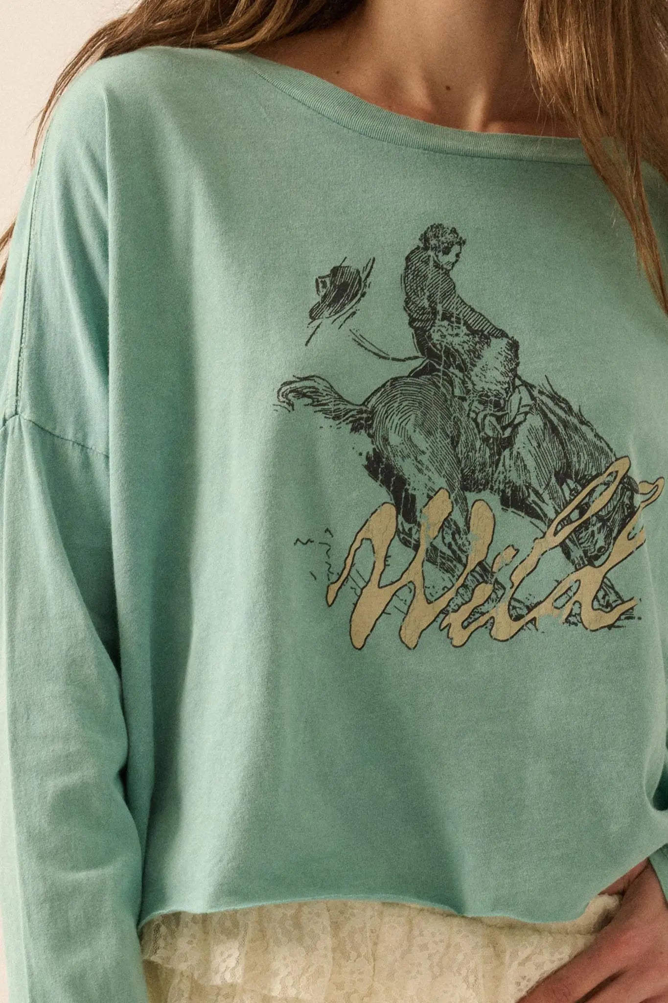 Wild Bronco Cropped Long-Sleeve Graphic Tee