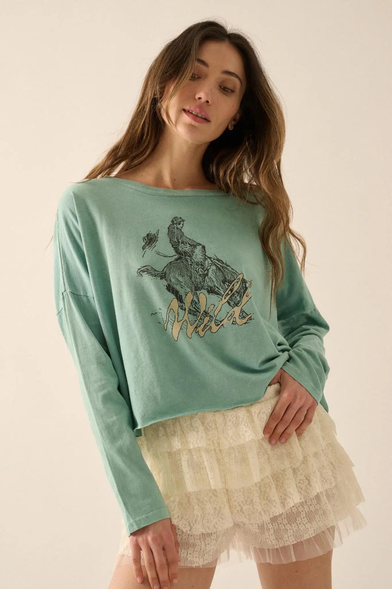 Wild Bronco Cropped Long-Sleeve Graphic Tee
