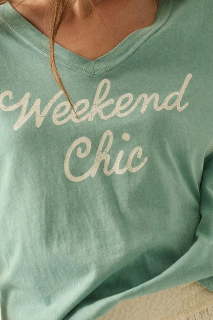 Weekend Chic Vintage-Wash V-Neck Graphic Tee