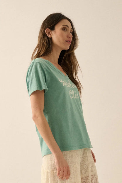 Weekend Chic Vintage-Wash V-Neck Graphic Tee