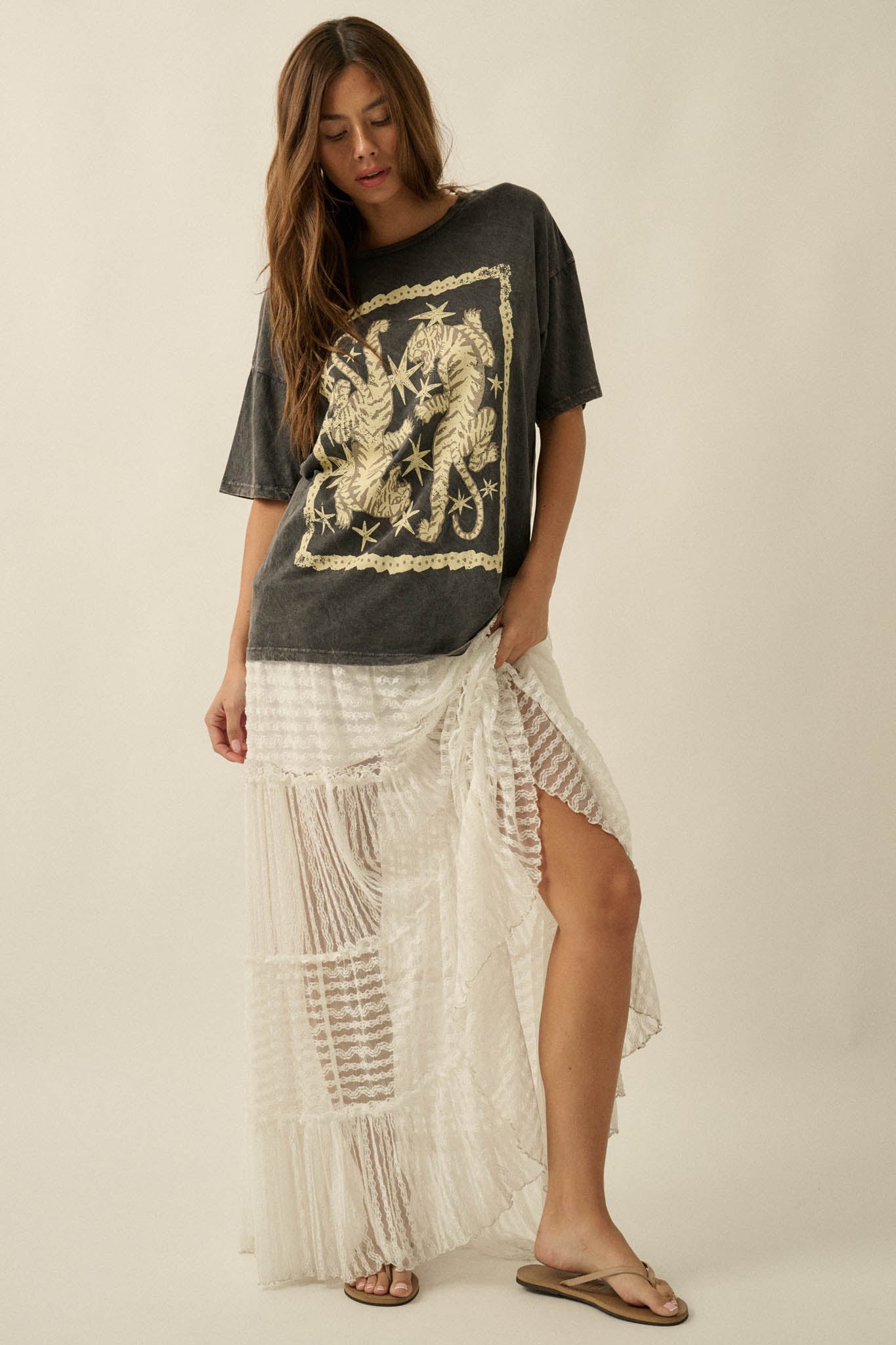 Twin Tigers Vintage-Wash Oversize Graphic Tee
