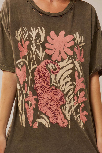 Tiger Garden Distressed Oversize Graphic Tee