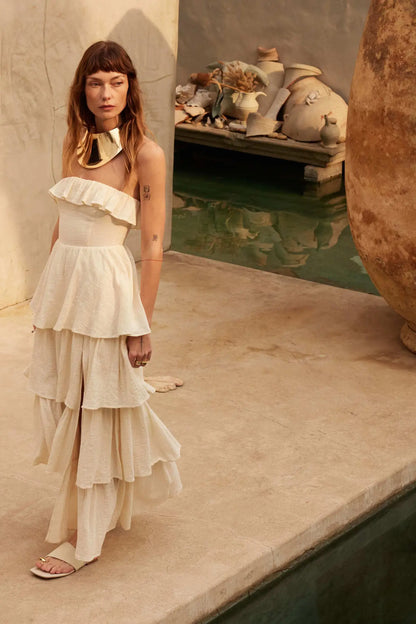 Tiers in Heaven Strapless Tiered Ruffle Maxi Dress