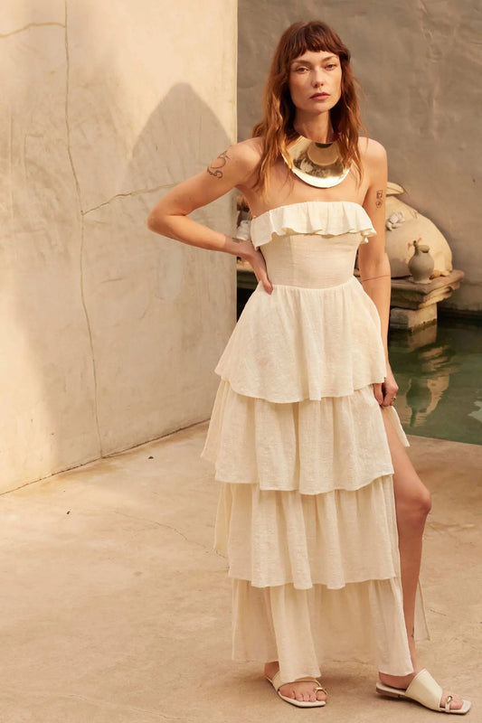 Tiers in Heaven Strapless Tiered Ruffle Maxi Dress