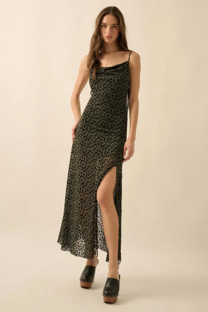 Wild Romance Leopard Mesh Cowl-Neck Maxi Dress