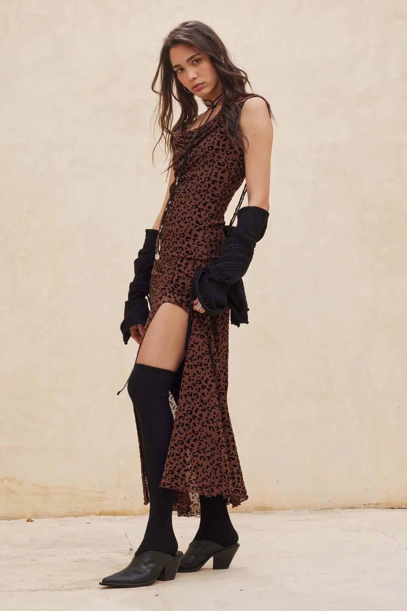 Wild Romance Leopard Mesh Cowl-Neck Maxi Dress