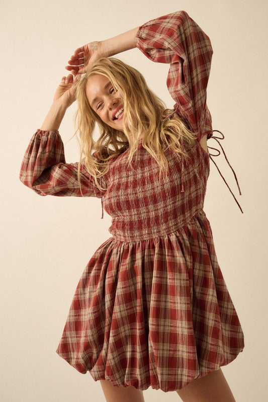 Together Again Plaid Detachable-Sleeve Mini Dress