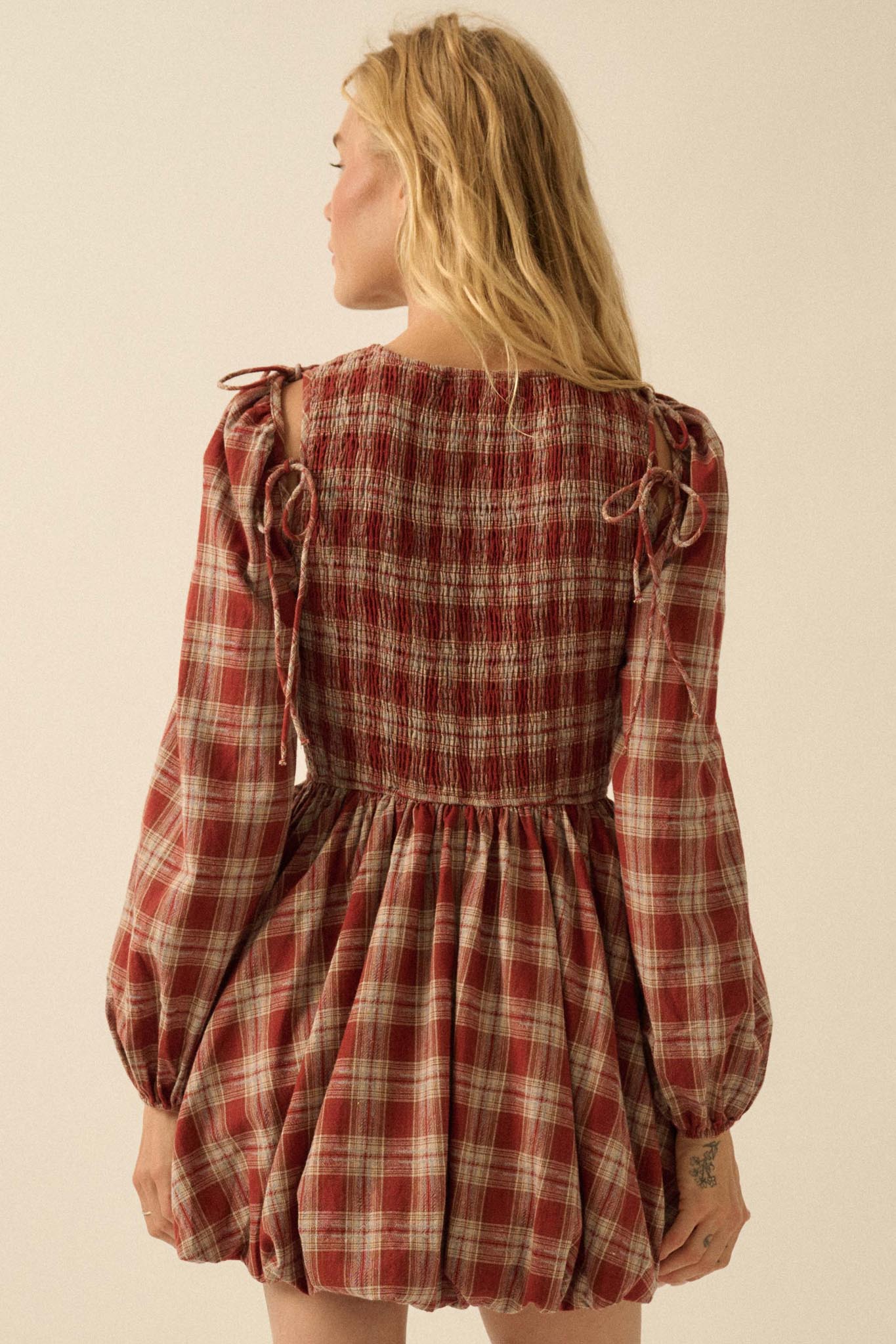 Together Again Plaid Detachable-Sleeve Mini Dress