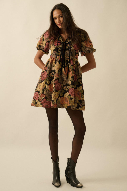 Sunset Harvest Floral Tapestry Babydoll Mini Dress