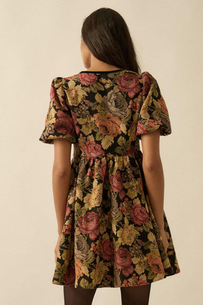 Sunset Harvest Floral Tapestry Babydoll Mini Dress