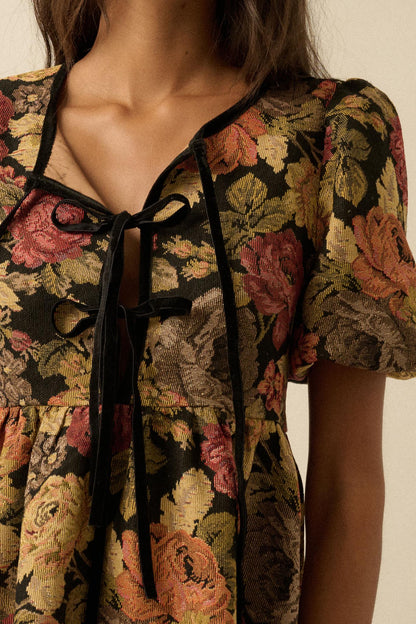 Sunset Harvest Floral Tapestry Babydoll Mini Dress