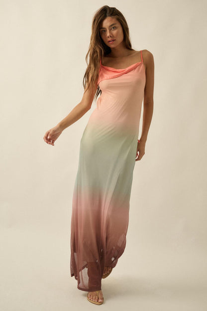 Sunset Symphony Ombre Mesh Cowl-Neck Maxi Dress