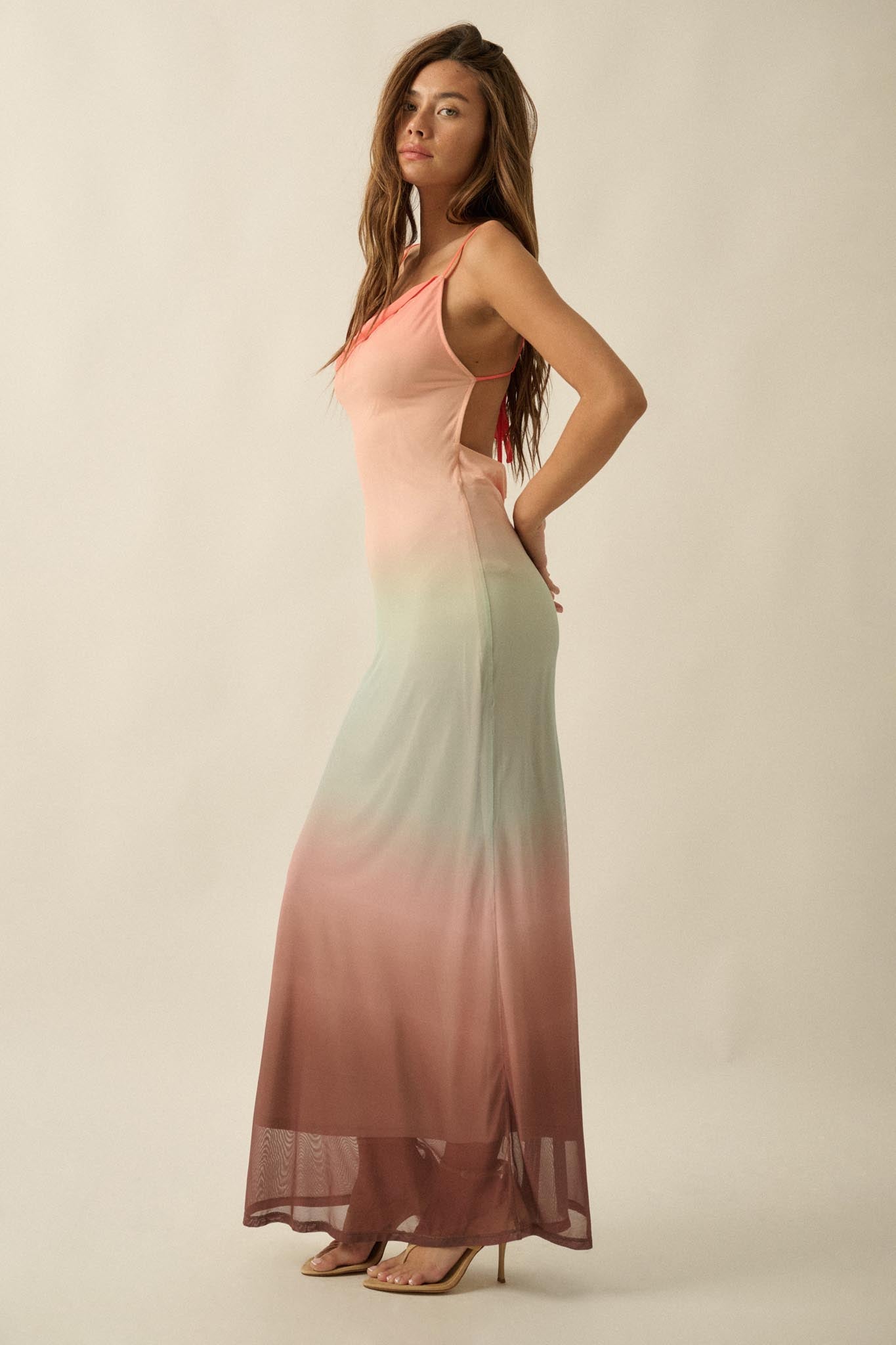 Sunset Symphony Ombre Mesh Cowl-Neck Maxi Dress